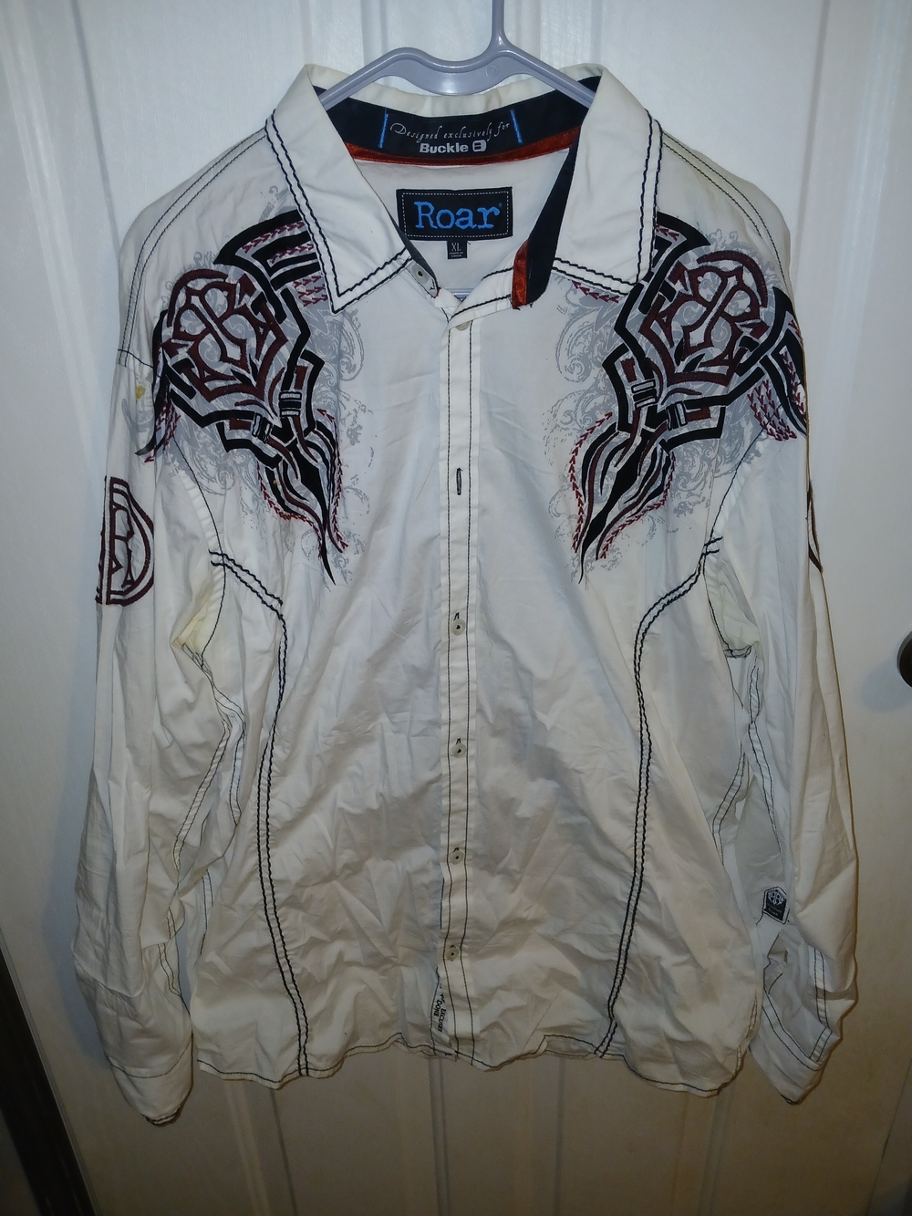 Roar White Long-Sleeve Embroidered Shirt Jacket with Maroon & Black Accents